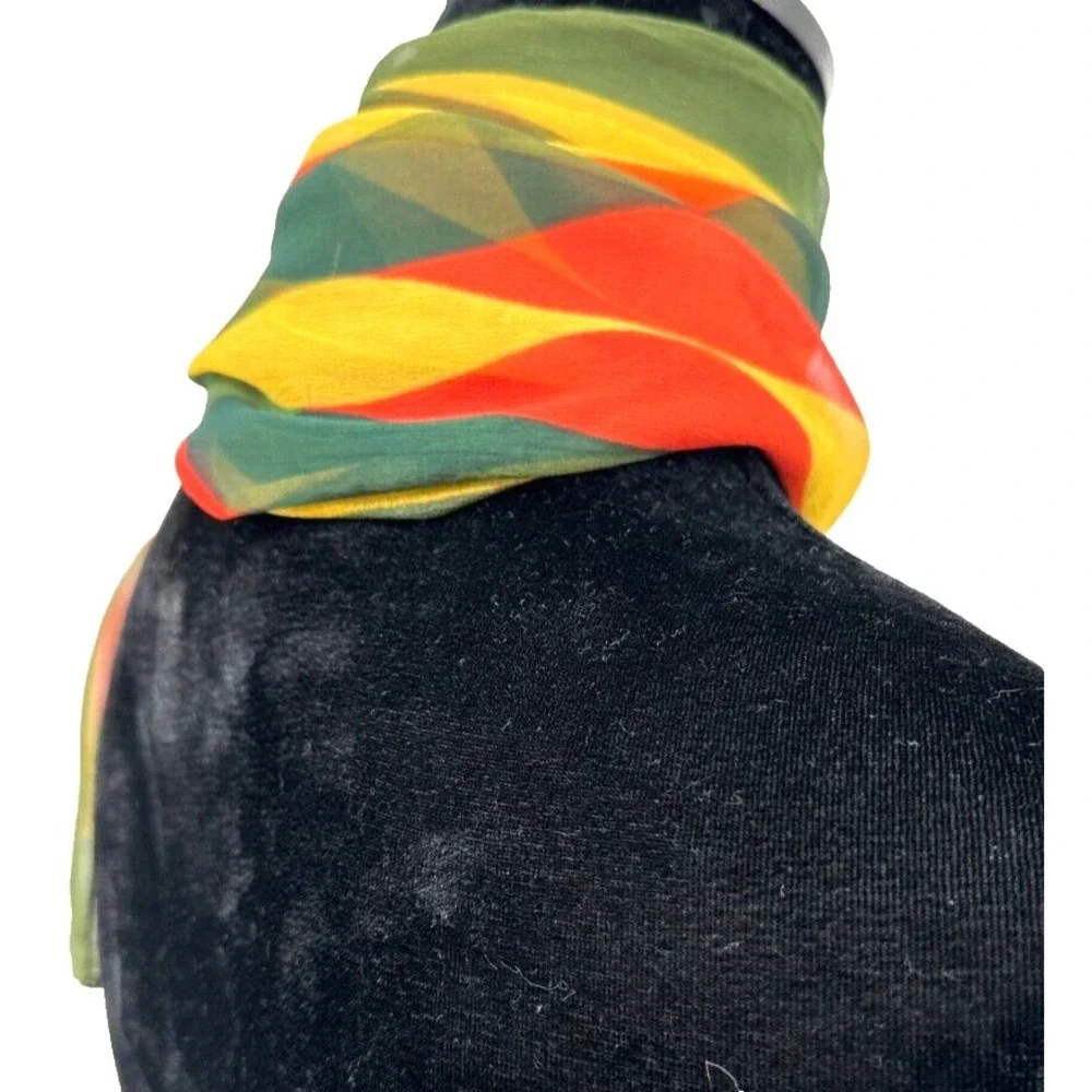 Sally Gee Rectangular Olive Green‎ Retro Geometric Rolled Hem Scarf Japan